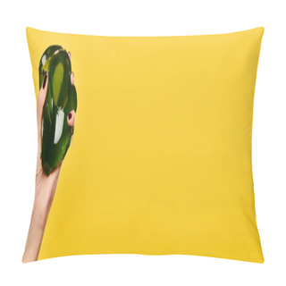 Personality  Object Photo Of Mouthwatering Green Jello In Hand Of Unknown Woman On Yellow Backdrop, Banner Pillow Covers