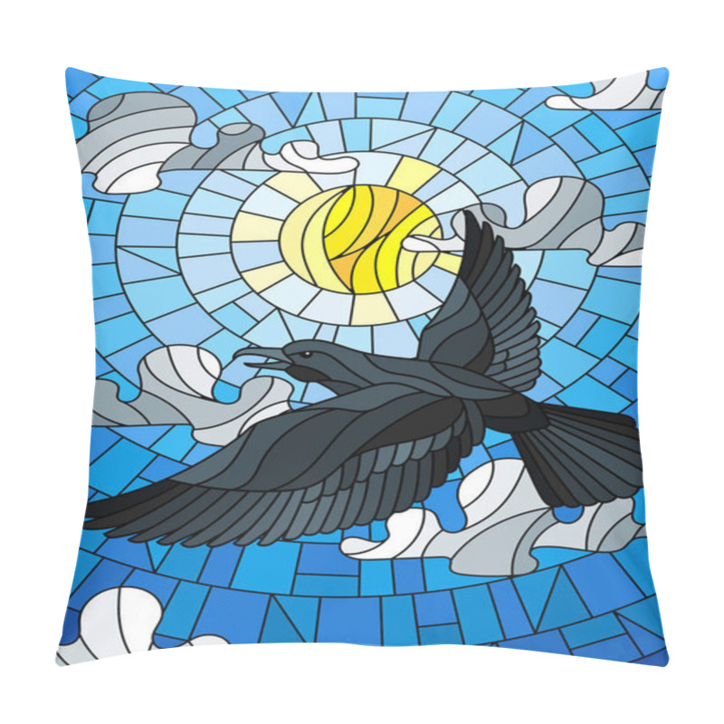 Personality  Illustration In Stained Glass Style Raven On The Background Of Sky, Sun And Clouds Pillow Covers