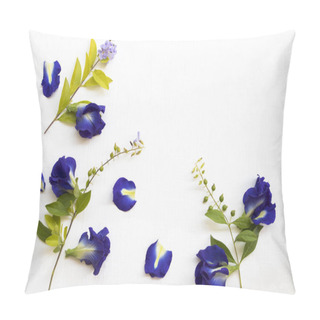Personality  Blue Flowers Butterfly Pea Local Flora Of Asia Arrangement Flat Lay Postcard Style On Background White Wooden Pillow Covers