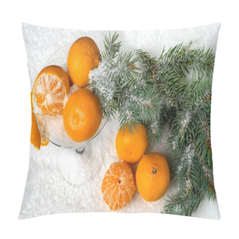 Personality  In the snow stands a glass of martini with mandarins.  Under the glass are three more tangerines and a Christmas tree branch.  It snows, he powdered mandarins. pillow covers