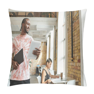 Personality  Happy African American Man Holding Tablet, Folder, Working Near Female Coworker, Startup Project Pillow Covers