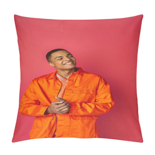 Personality  Joyful And Trendy African American Man In Orange Shirt Looking Away On Red Background Pillow Covers