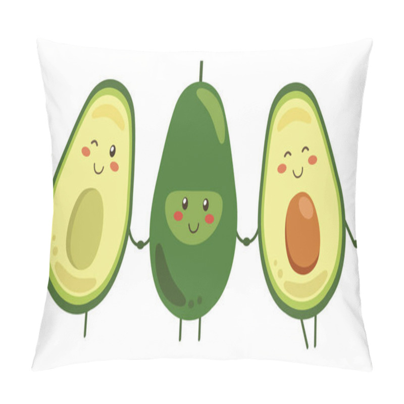 Personality  Set of vector fruit smiling characters holding hands isolated on white background. Whole and cut in half avocado with pit. Kawaii style. Friends forever pillow covers