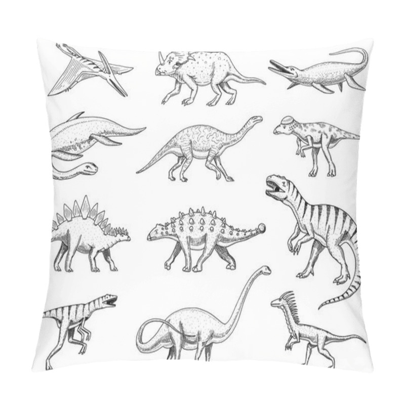Personality  Dinosaurs set, Tyrannosaurus rex, Triceratops, Barosaurus, Diplodocus, Velociraptor, Triceratops, Stegosaurus, skeletons, fossils. Prehistoric reptiles, Animal Hand drawn vector. pillow covers