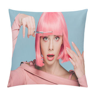 Personality  Shocked Stylish Girl Cutting Pink Hair With Scissors Isolated On Blue Pillow Covers