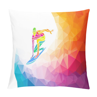 Personality  Creative Silhouette Of Surfer. Fitness Vector Illustration Or Banner Template In Trendy Abstract Colorful Polygon Style With Rainbow Back Pillow Covers