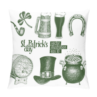 Personality  Hand Drawn Vector Leprechaun Hat, Clover, Beer Mug, Barrel, Golden Coin Pot Sketch Set For St. Patricks Day. Irish Retro Illustrations. Pillow Covers