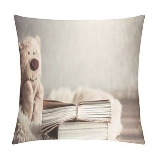 Personality  Beautiful Teddy Bear With A Book On The Floor In The Cozy Living Room Of The House, A Place For Text Pillow Covers