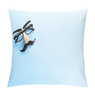 Personality  Carnival Mask With Moustache, Nose And Glasses On Blue Background, Copy Space. Concept Men's Health, Prostate Cancer Awareness Month, Charity, Father's Day. Horizontal. Minimalism Flat Lay. Pillow Covers