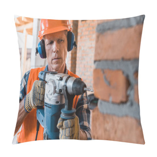 Personality  Selective Focus Of Mature Man Holding Hammer Drill Near Brick Wall  Pillow Covers