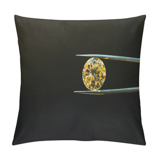 Personality  Colorful Yellow Sparkling Diamond In Tweezers Isolated On Black Pillow Covers