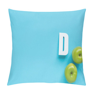 Personality  Top View Of Ripe Green Apples And Letter D On Blue Background Pillow Covers