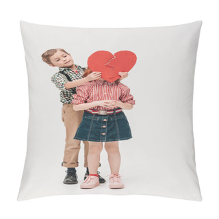 Personality  Little Boy Holding Broken Heart Symbol Near Face Of Little Girl Isolated On Grey  Pillow Covers