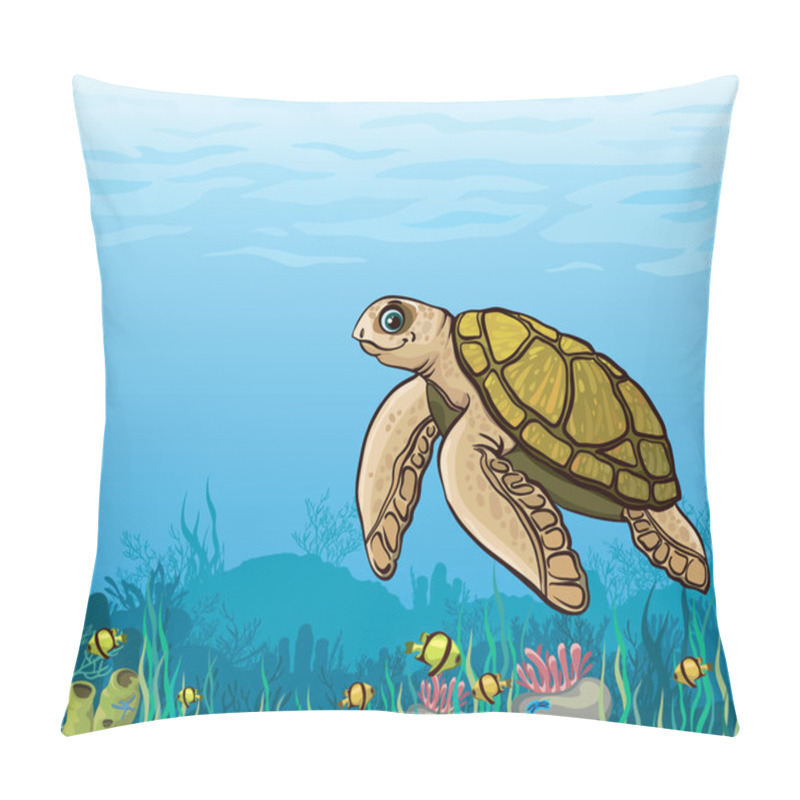 Personality  Cartoon sea turtle and coral reef. pillow covers