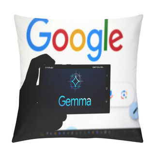 Personality  DALLAS, TX USA - FEBRUARY 22, 2024: A Hand Holding A Cellphone With Google Gemma Logo. Google Gemma Makes Cutting-edge AI Technology Accessible To Everyone With Its Family Of Lightweight Open Models. Pillow Covers
