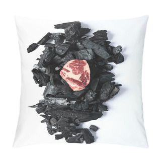 Personality  Top View Of Fresh Raw Steak On Black Coals On White Background Pillow Covers