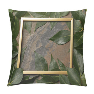 Personality  Top View Of Golden Frame On Stone Background With Copy Space And Green Leaves Pillow Covers