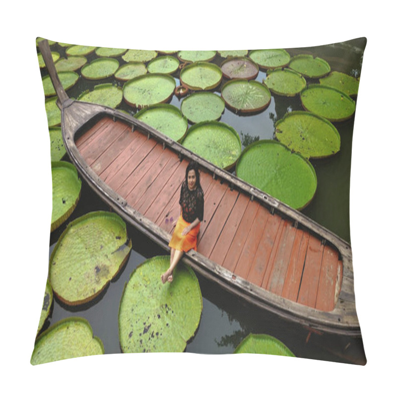 Personality  Girl sitting on a long tail boat surrounded by Queen Victoria water lillies in Phuket Thailand pillow covers