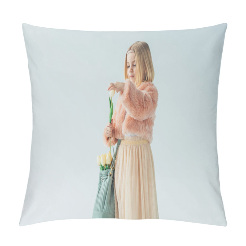 Personality  adorable kid with bag holding white tulip isolated on grey pillow covers