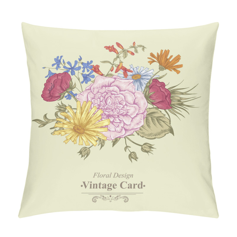 Personality  Gentle Retro Summer Floral Greeting Card, Vintage Bouquet, Vector Illustration Pillow Covers