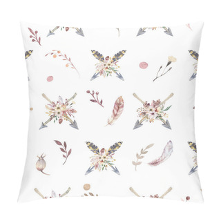 Personality  Boho Seamless Watercolor Pattern Of Arrows And Wild Flowers, Leaves, Branches Flowers, Illustration Isolated, Bird And Feathers, Bohenian Decoration Bouquets Pillow Covers