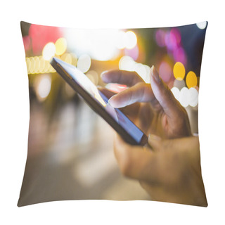 Personality  Woman Using Her Mobile Phone In The Street, Night Light Environment Pillow Covers