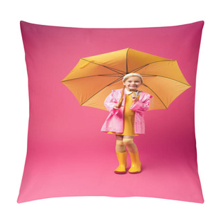Personality  Full Length Of Happy Girl In Raincoat Standing Under Yellow Umbrella On Crimson Pillow Covers