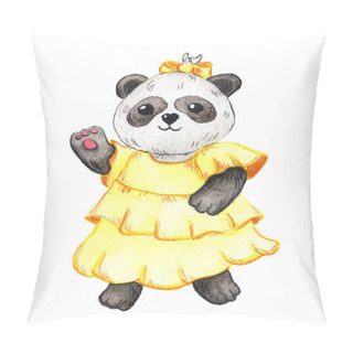 Personality  Watercolor Illustration Of A Cute Panda Girl Dancing In A Yellow Dress On Her Hind Legs. Drawn By Hand On A White Background. Children's Print. For Design, Decoration, Album, Cards, Invitations. Pillow Covers