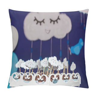 Personality  Brazilian Sweet Brigadeiro. Background For Birthday Party, With Airplanes, Balloons And Clouds Smiling In A Beautiful Blue Sky. Pillow Covers