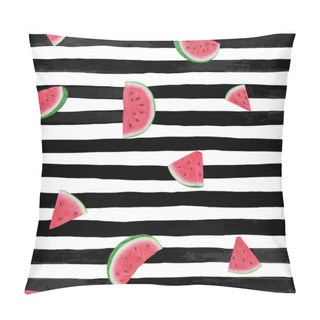 Personality  Seamless Background With Watermelon Slices On Black And White Watercolor Stripes . Design For Holiday Greeting Card And Invitation Of Seasonal Summer Holidays, Summer Beach Parties, Tourism And Travel Pillow Covers