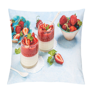 Personality  Traditional Italian Dessert Vanilla Strawberry Panna Cotta. Top View. Place For Text. Pillow Covers