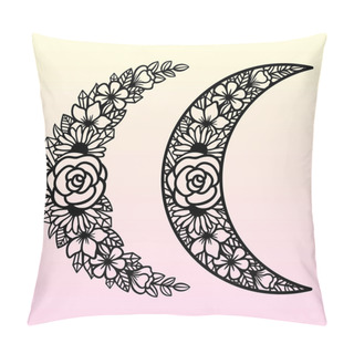 Personality  Vector Crescent Moon With Flowers. Decorative Illustration In Boho Style. Hand-drawn Ethnic Symbol. For Paper And Laser Cutting, Printing On T-shirts, Mugs. Black Mystical Element For Your Design. Pillow Covers