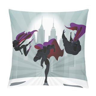 Personality  Superhero Team; Team Of Superheroes, Flying And Running In Front Pillow Covers
