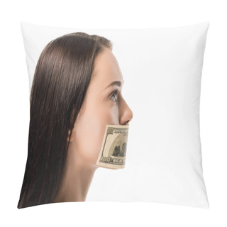 Personality  Side View Of Woman With Dollar Banknote On Mouth Looking Away Isolated On White  Pillow Covers