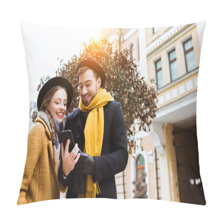 Personality  Beautiful Young Couple In Autumn Outfit Looking At Smartphone Pillow Covers