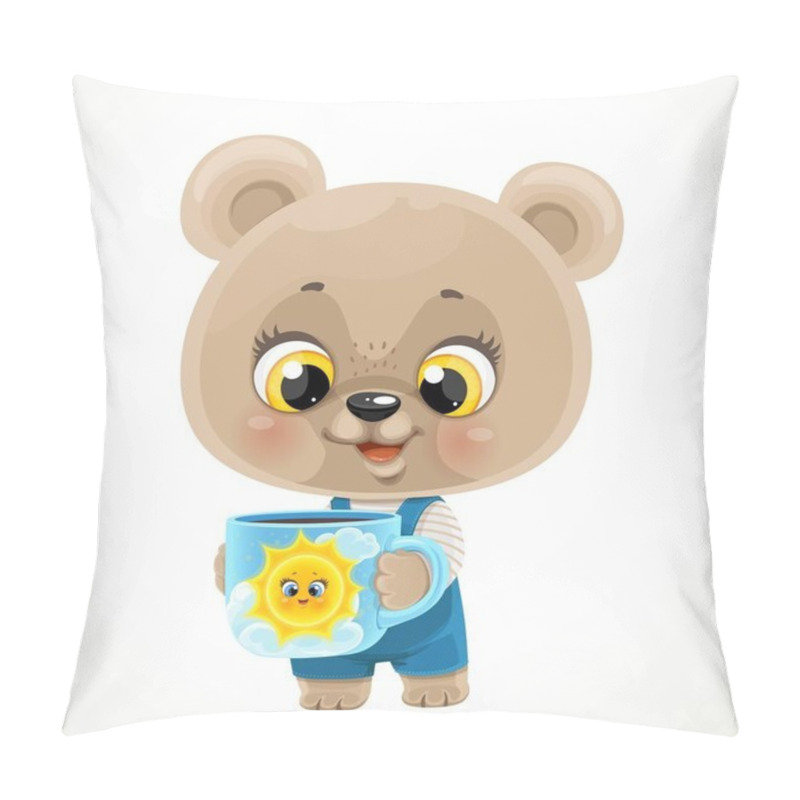 Personality  Cute cartoon baby bear with a cup of tea or coffee on a white background pillow covers