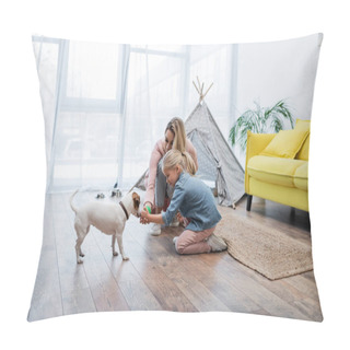 Personality  Kid And Mom Holding Toy Near Jack Russell Terrier At Home  Pillow Covers
