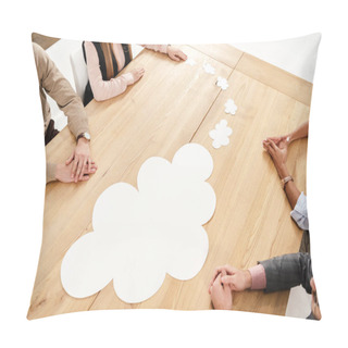 Personality  Partial View Of Multiracial Business People At Wooden Table With Empty Paper Clouds, Teamwork Concept Pillow Covers