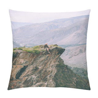 Personality  Man Sitting On Cliff And Looking At Majestic Mountains In Altai, Russia   Pillow Covers