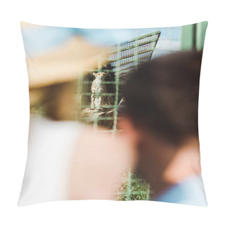 Personality  Selective Focus Of Leopard In Cage Near Father And Daughter In Zoo  Pillow Covers