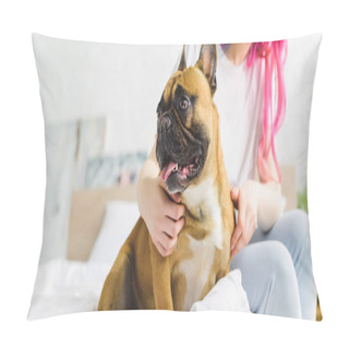 Personality  Panoramic Shot Of Woman Sitting On Bed With Cute French Bulldog At Home Pillow Covers