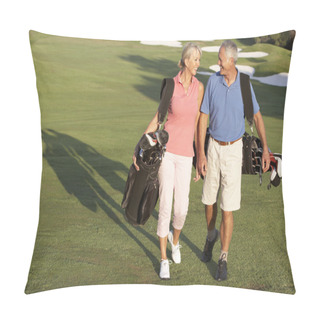 Personality  Senior Couple Walking Along Golf Course Carrying Bags Pillow Covers