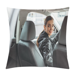Personality  Smiling Woman Taxi Driver Looking At Passenger Seat Of Auto Pillow Covers