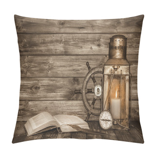 Personality  Old Wooden Vintage Background With Book, Lantern And Nautical De Pillow Covers