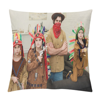 Personality  Portrait Of Little Boys In Indigenous Costumes And Father In Hat And Red Bandana Looking At Camera At Home Pillow Covers