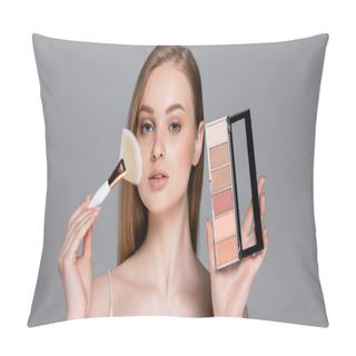 Personality  Young Woman Holding Cosmetic Brush And Blush Palette Isolated On Grey, Banner Pillow Covers