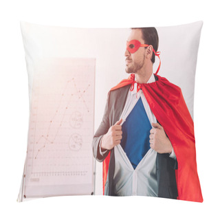 Personality  Handsome Super Businessman In Mask And Cape Showing Blue Shirt In Office Pillow Covers