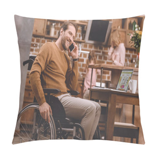 Personality  Happy Disabled Man In Wheelchair Talking On Smartphone And Using Laptop At Home Pillow Covers