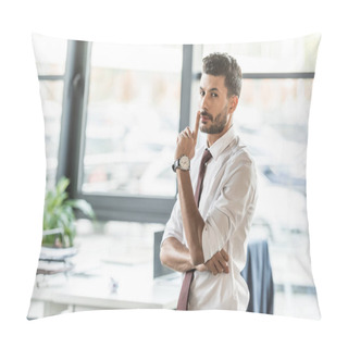 Personality  Young Businessman Showing Hush Sign And Looking At Camera Pillow Covers