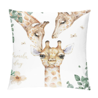Personality  Poster With A Family Giraffe. Watercolor Cartoon Giraffe Tropical Animal Illustration. Jungle Exotic Summer Design Pillow Covers